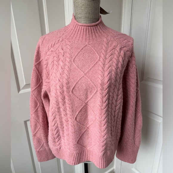 J.Crew Cable-knit Rollneck Wool Blend Sweater Supersoft Yarn Dusty Rose Pink L - Picture 2 of 7